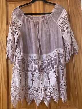 Dusty Pink Boho Lace Tunic Top Crochet Sheer Tassel Tie Peasant Festival M/L